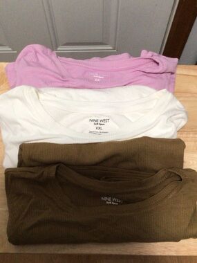 Nine West Three-Pack Ribbed Soft Spun Elbow Sleeve Tee-Pink, White, Olive Brown